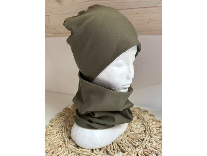 Tepláková čepice s nákrčníkem- khaki