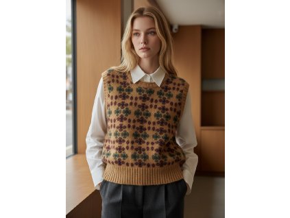 Dámský vlněný pulovr bez rukávů s květinovým vzorem –