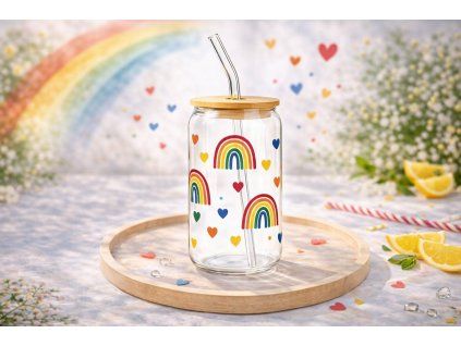 Sklenice s duhovými srdíčky