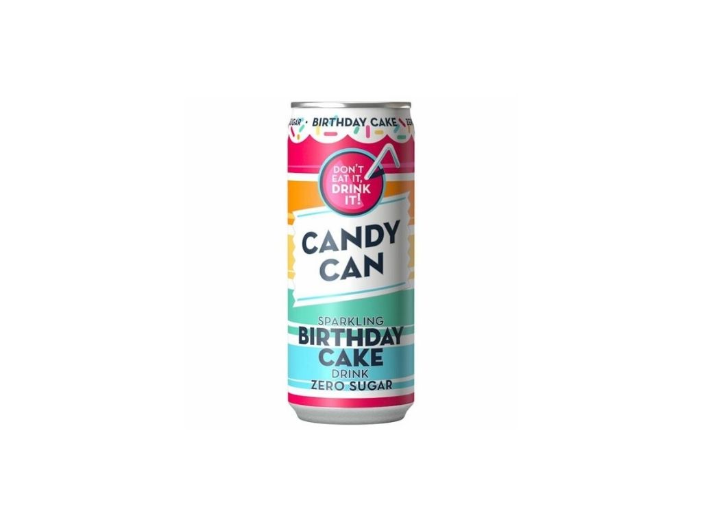 Levně Candy Can Birthday Cake sycená limonáda bez cukru s příchutí jahody a vanilky 330 ml