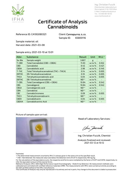 10 % CBD + 10 % CBG konopný olej full spectrum (10 ml)