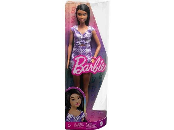 Barbie modelka fialkové kostkované šaty