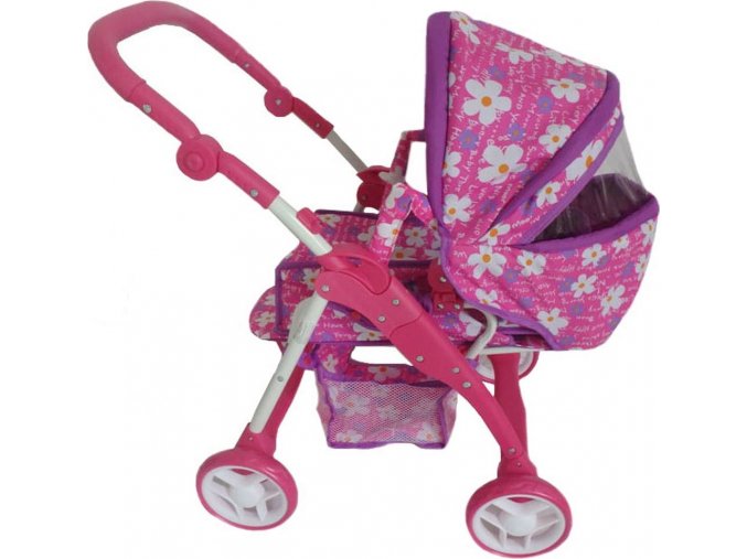 Dětský kočárek pro panenky 2v1 Baby Mix fialový - květinky