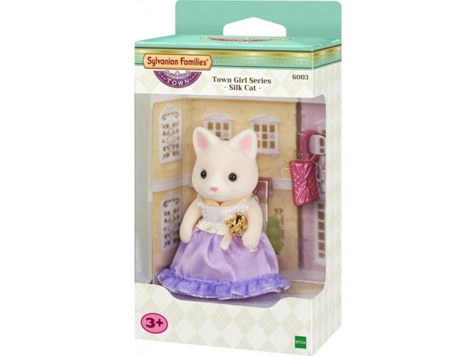 Sylvanian Families 6003 Město - Hedvábná kočka ve fialových šatech s kabelkou