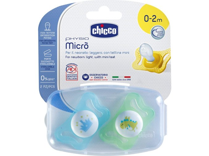Chicco Šidítko Physio Micro, silikonové, 0-2M +, modrá, 2ks