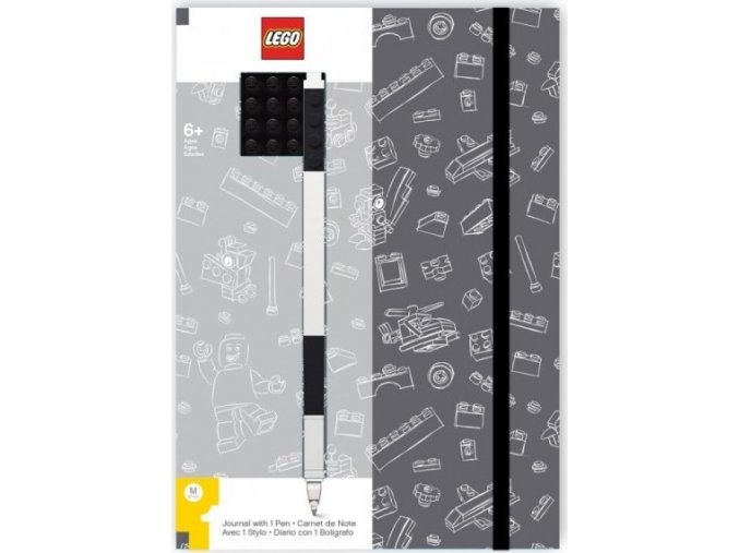 LEGO Stationery Zápisník A5 s černým perem - šedý, černá destička 4x4