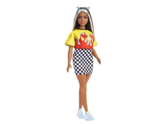 Barbie modelka 179 ohnive tricko a kostkovana sukne 1