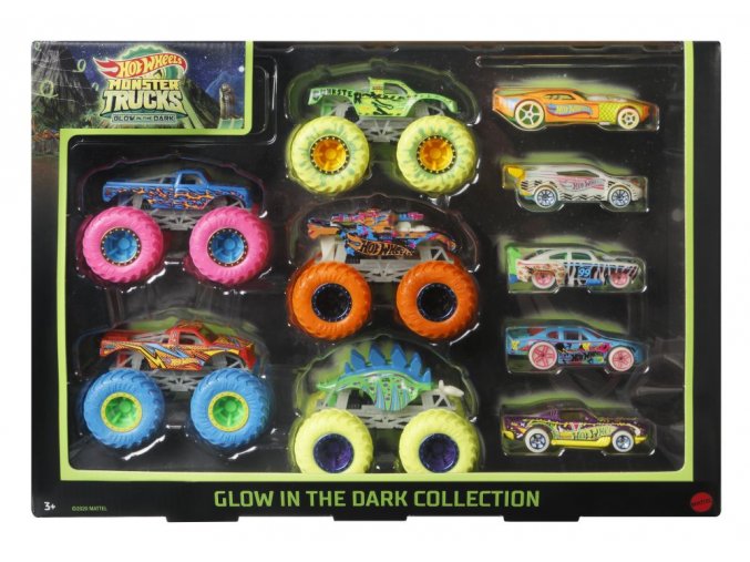SET Hot Wheels monster trucks svítící ve tmě angličák & truck