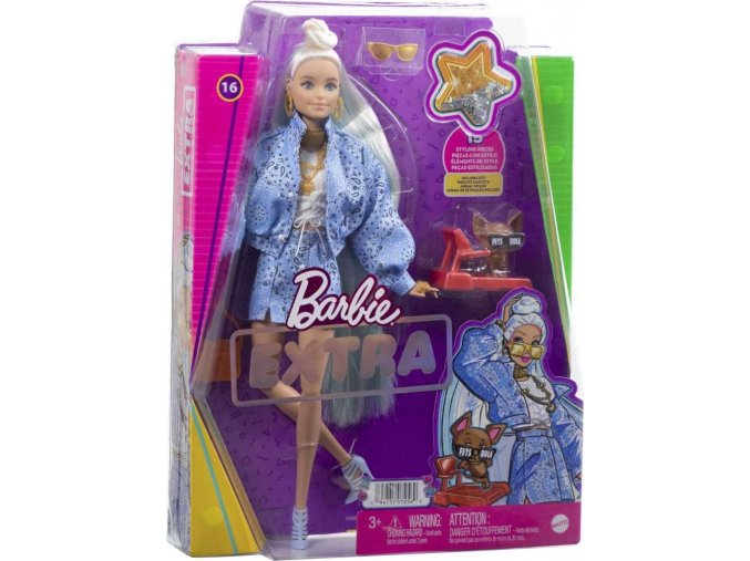 Barbie Extra Stylová blondýnka v světlemodré sukni a bundě s pejskem