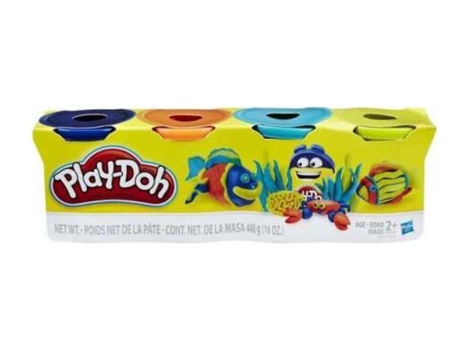 Play Doh 4 kelímky, modrá, oranžová, tyrkysová, žluto-zelená