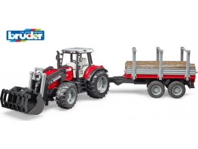 Bruder 02046 Traktor Massey Ferguson 7480 s čelním nakladačem a přepravníkem klád