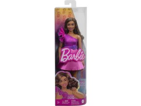 Barbie panenka modelka - lesklé šaty s volánkem