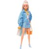Barbie Extra Stylová blondýnka v světlemodré sukni a bundě s pejskem