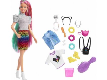 Barbie Leopardia bábika s dúhovými vlasmi a doplnkami