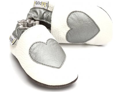 Liliputi kožené capáčky strieborné srdce biele