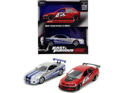 Rychle a zběsile Twin Pack 2006 Mitsubishi Lancer Evo IX + Brianův 2002 Nissan Skyline GTR R34, 1:32 Wave 4/2