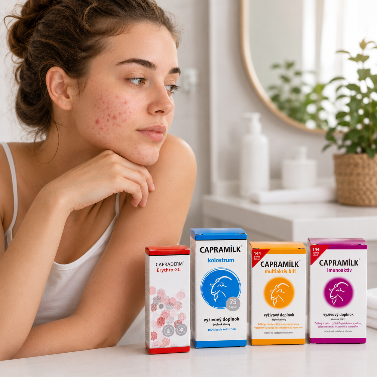 Žena s akné pri balíčku CAPRADERM a CAPRAMILK STOP AKNÉ