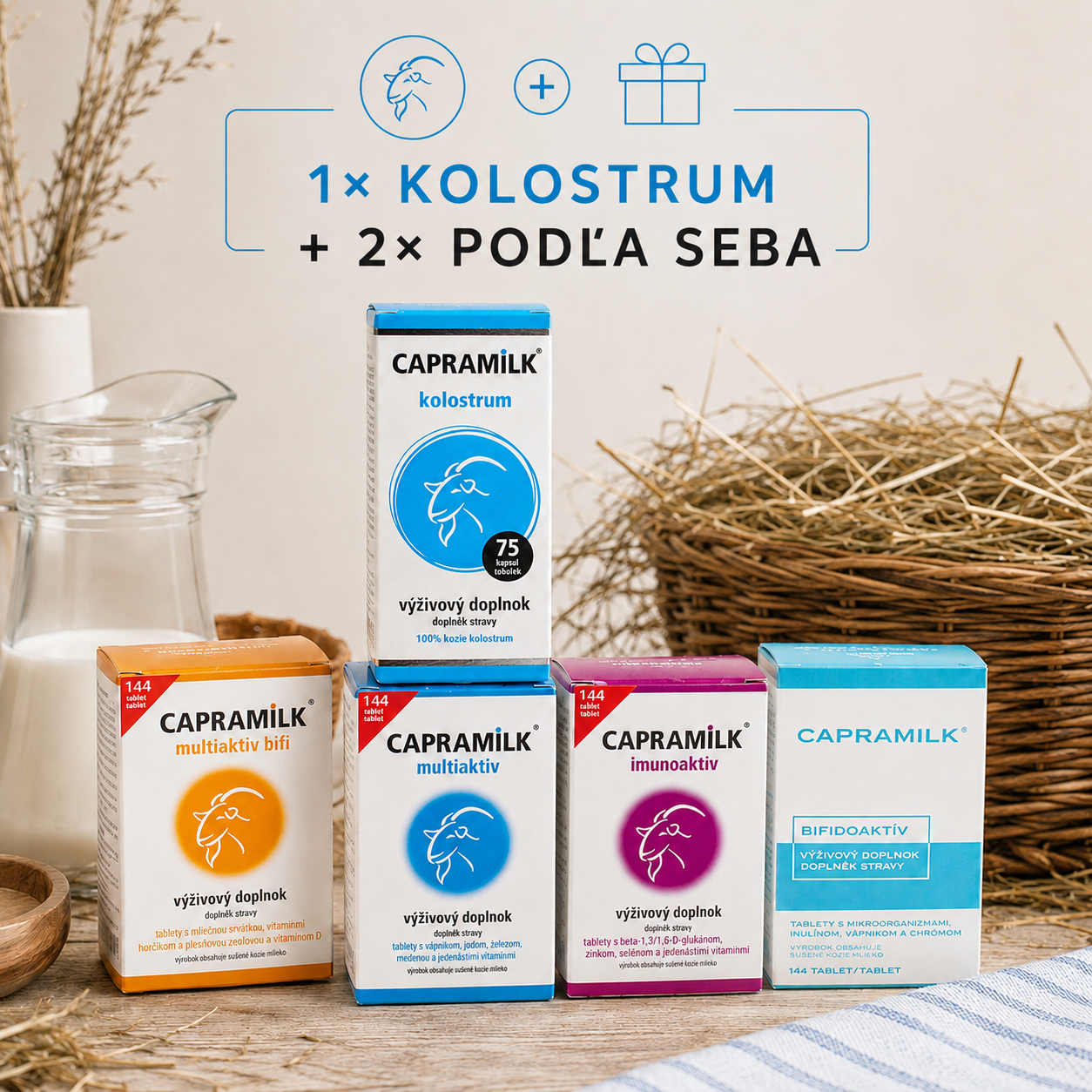 Balíček CAPRAMILK s kozím kolostrom a dvoma doplnkami podľa vlastného výberu