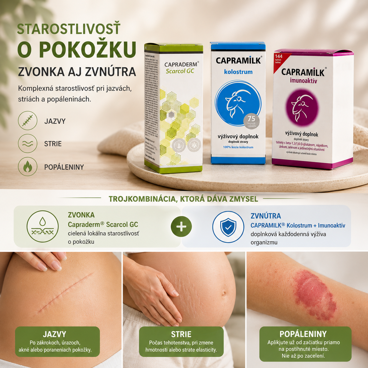 Balíček CAPRADERM Scarcol GC, CAPRAMILK kolostrum a Imunoaktív pre jazvy, strie a popáleniny