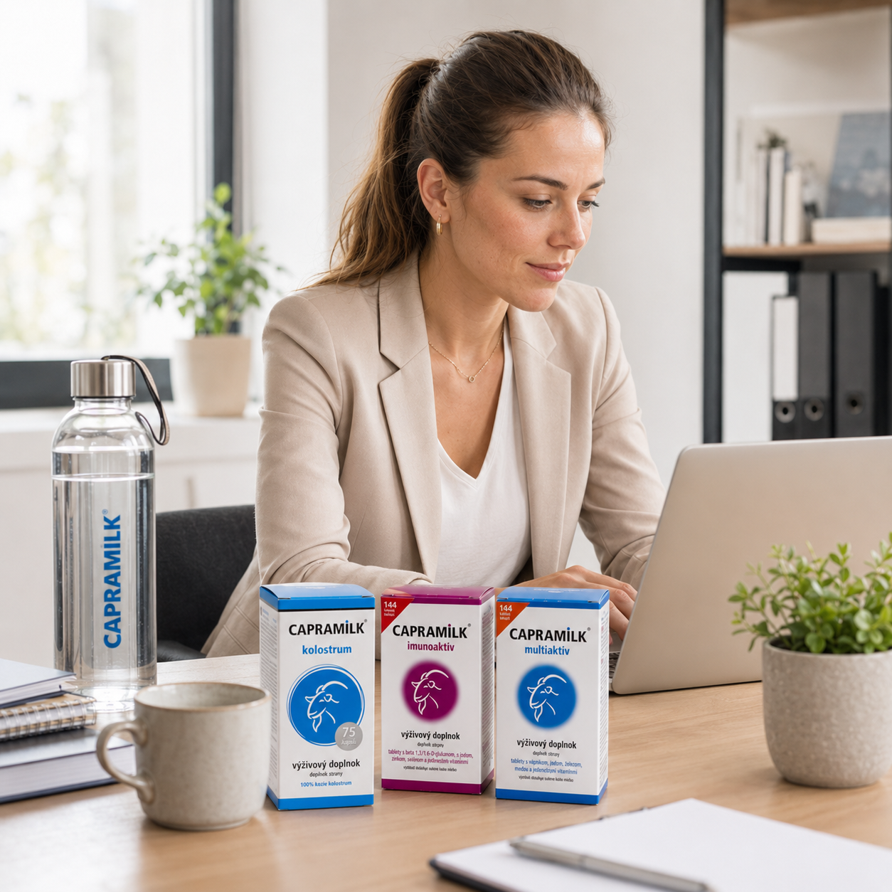 Pracovne vyťažená žena pri notebooku s produktmi CAPRAMILK