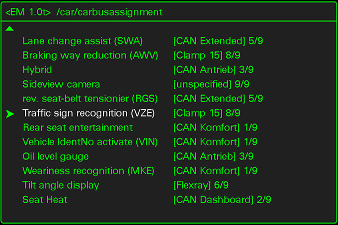 Audi MMI 3G zelené (green) menu