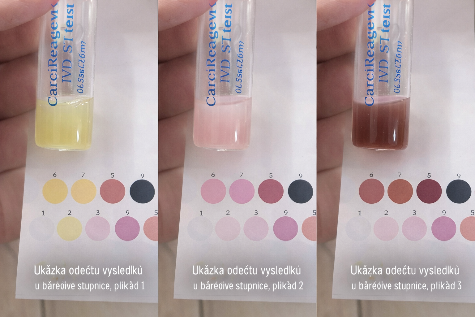 Ukázka odečtu výsledku u barevné stupnice – příklady 1 až 3