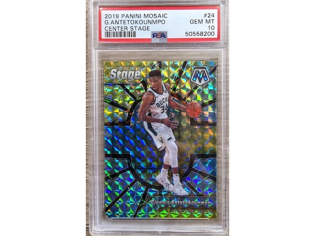 2019-20 Panini Mosaic Giannis Antetokounmpo Milwaukee Bucks Center Stage PSA 10 (L)