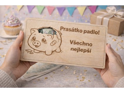 Dřevěná obálka na peníze Prasátko padlo | vtipný dárek