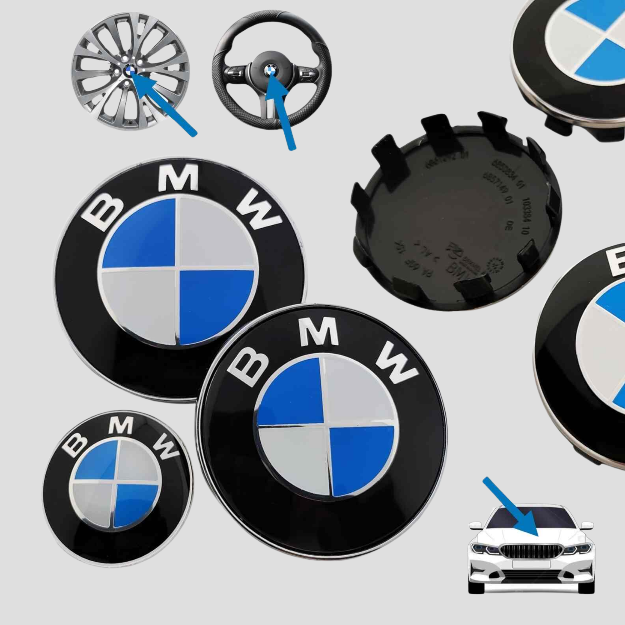 BMW sada - krytky kol, znak kapoty, kufru, znak volantu, ventilky kol bmw