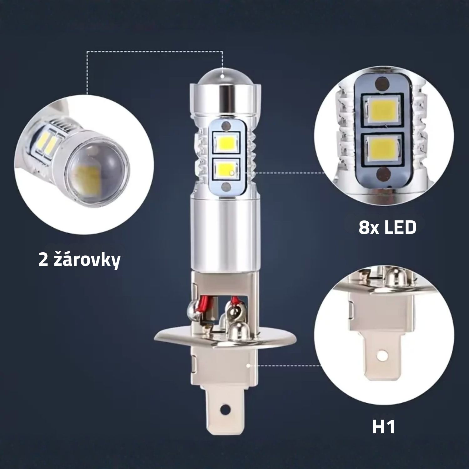 Detail složení H1 LED žárovky s 8 výkonnými čipy na standardní patici