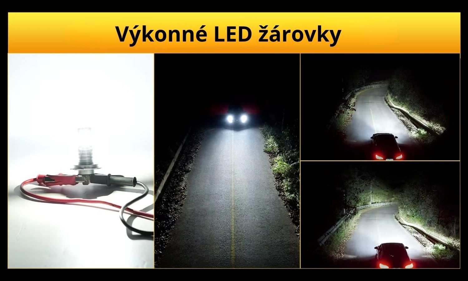 Koláž zobrazení svítivosti LED autožárovek H11 v nočním provozu a detail rozsvícené žárovky