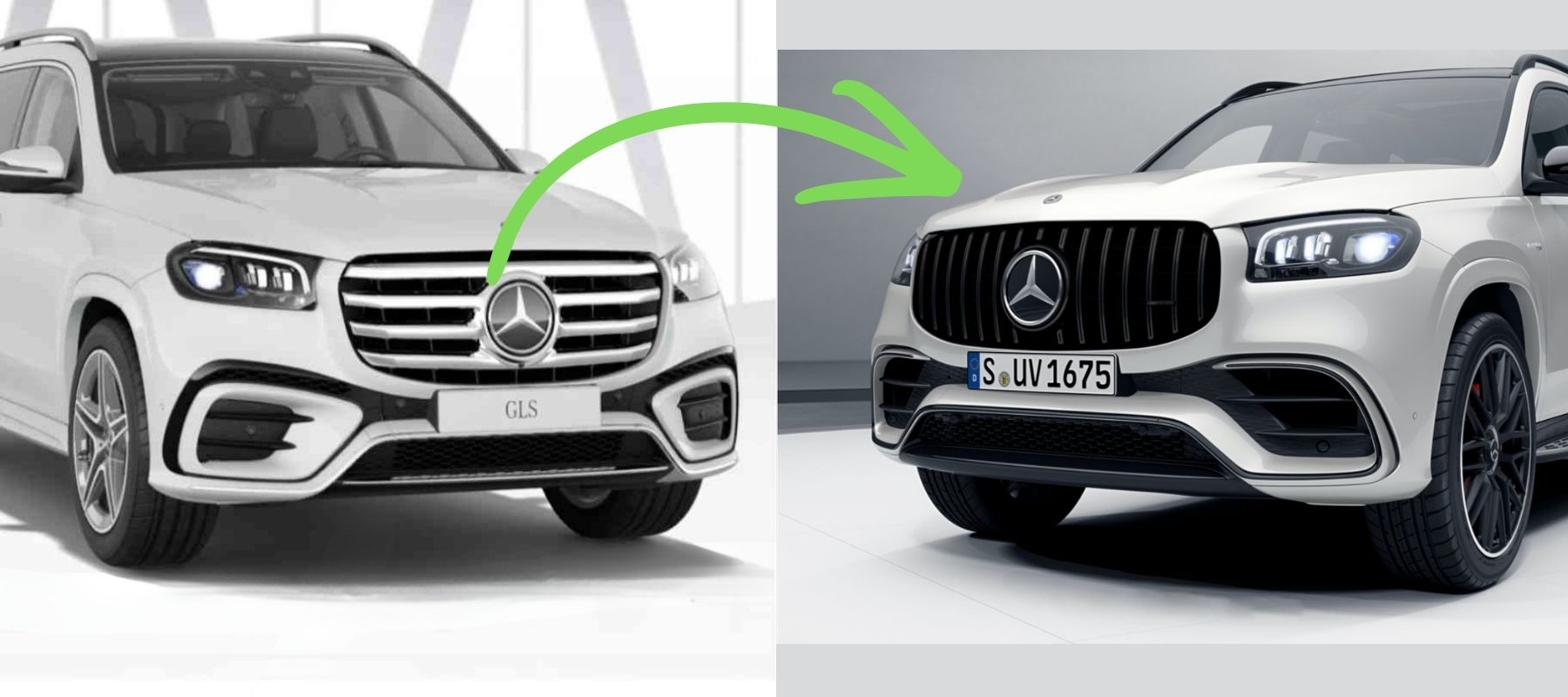 Porovnání původní masky na Mercedes GLS a nové sportovní mřížky Panamericana GTR