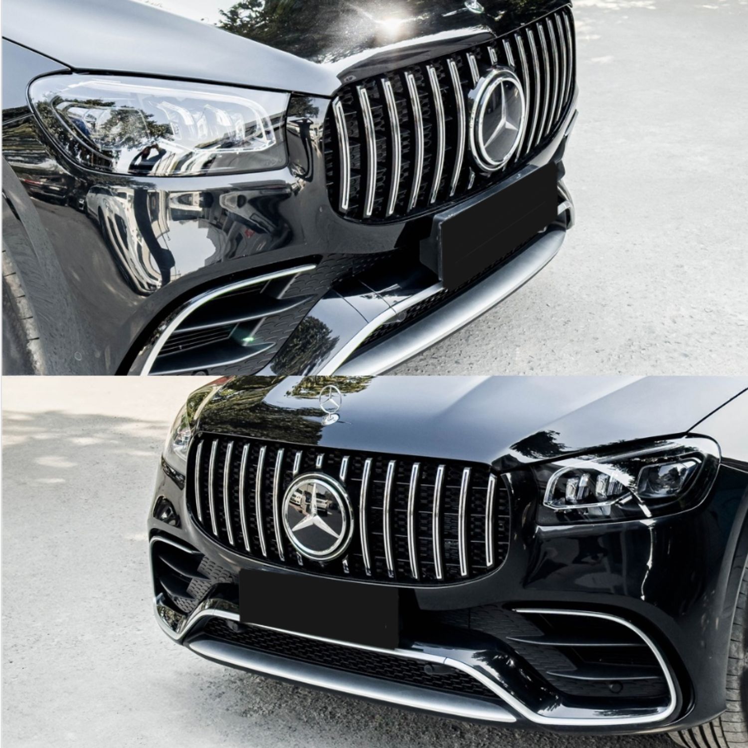 Dva detailní pohledy na černo-chromovou masku Panamericana na černém voze Mercedes-Benz GLS