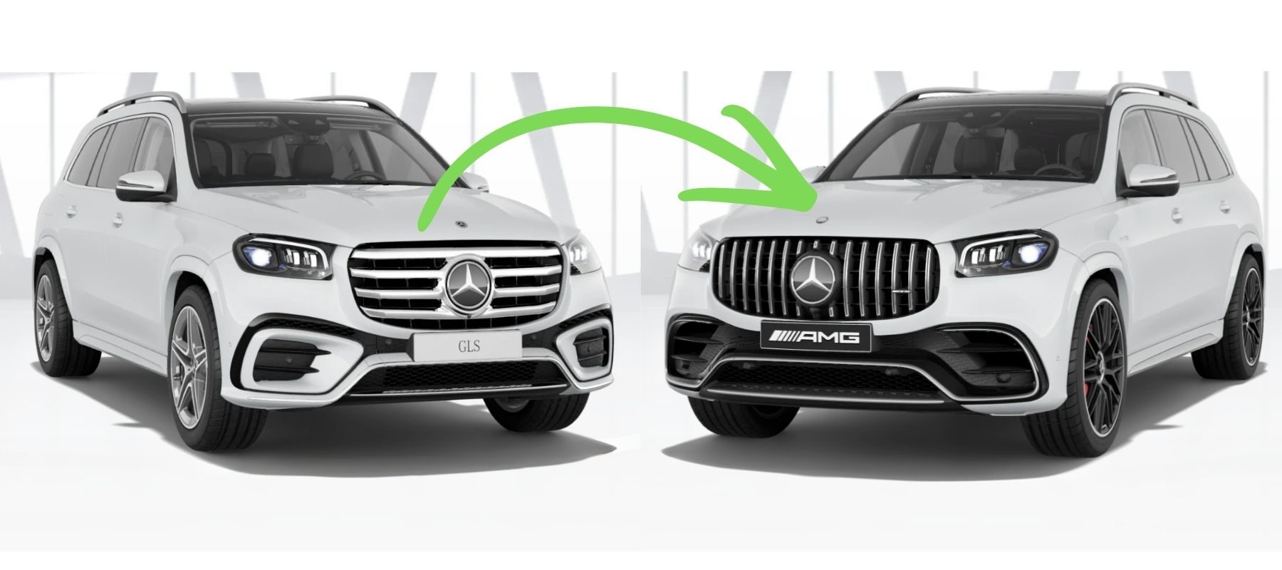 Srovnání před a po výměně masky za černo-chromovou verzi Panamericana GTR na bílém Mercedesu GLS