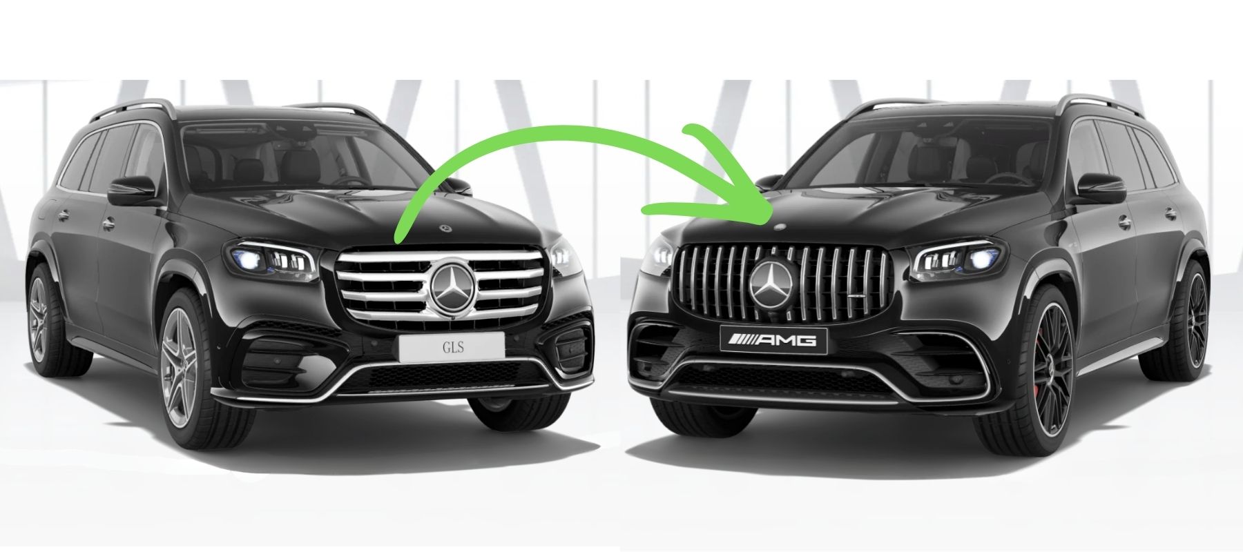 Porovnání před a po montáži chromové GTR masky na černém voze Mercedes-Benz GLS