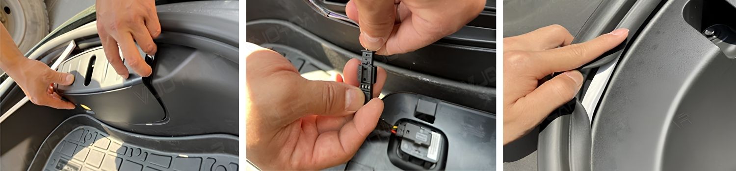 Grafický postup montáže ohebného LED pásku do frunku Tesla bez použití nářadí