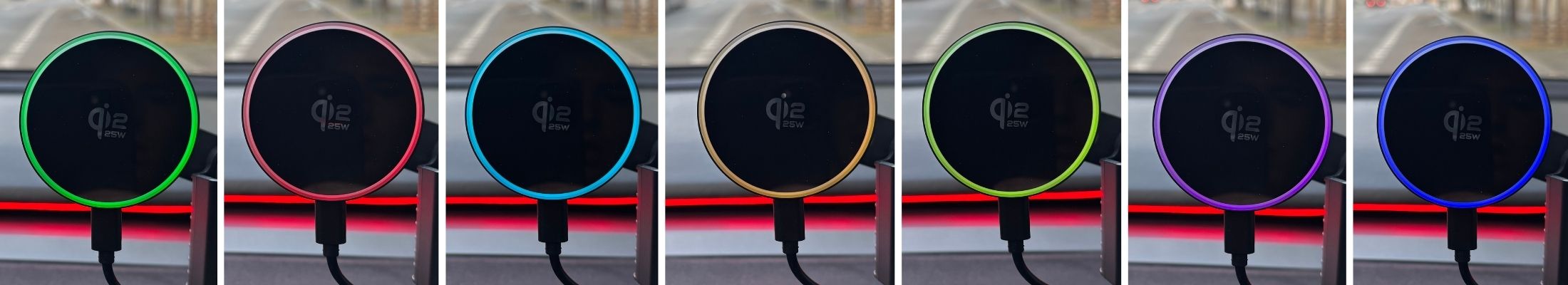 Výběr 8 barevných variant RGB podsvícení MagSafe držáku Tesla včetně dynamického režimu