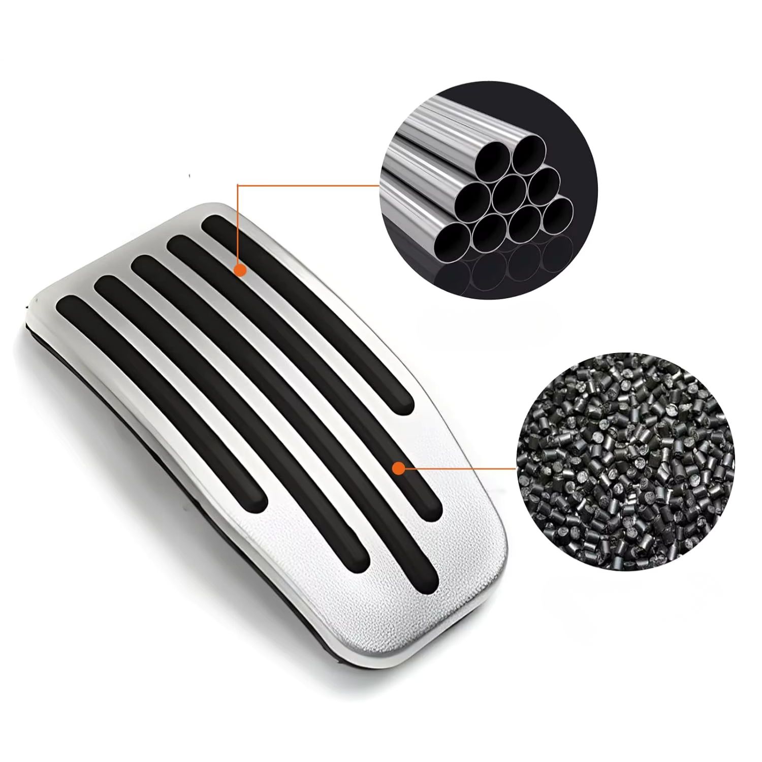 Detailní pohled na materiál pedálů - broušený hliník a PVE PVC guma