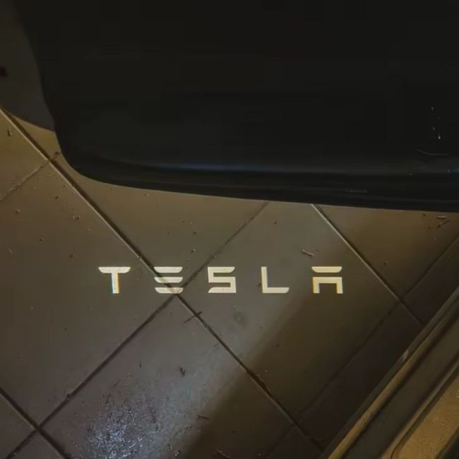 Detail čistoty projekce loga Tesla