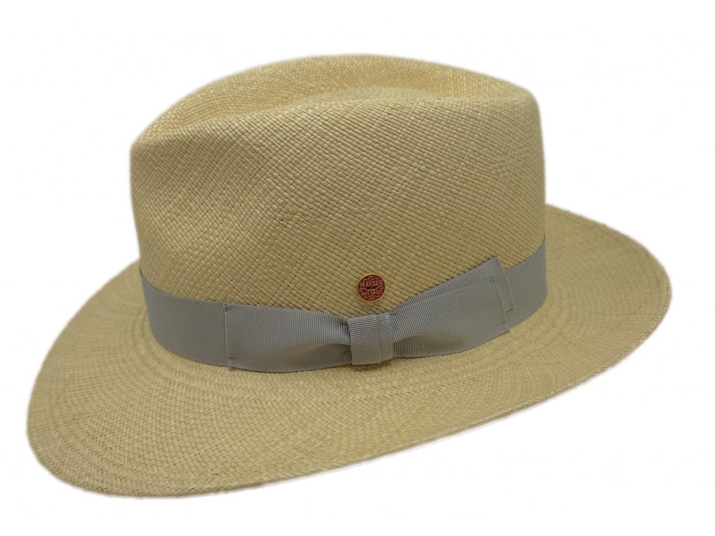 Luxusní  panamský klobouk Fedora Bogart s šedou stuhou - ručně pletený, UV faktor 80 -  Ekvádorská panama - Mayser Colmar
