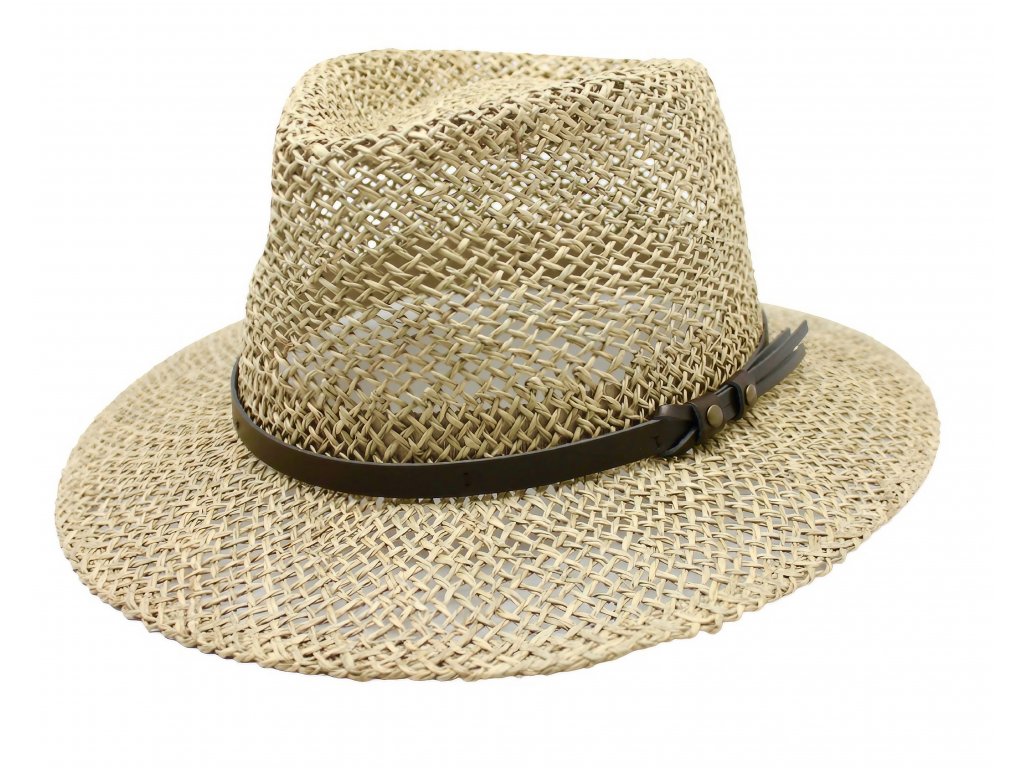 Pánský slaměný klobouk z mořské trávy s koženou stuhou - Fedora