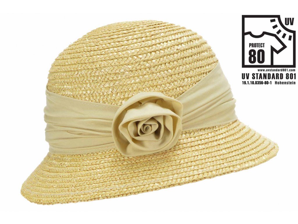 Dámský letní béžový klobouček Cloche s malou krempou, ochrana UV faktor 80