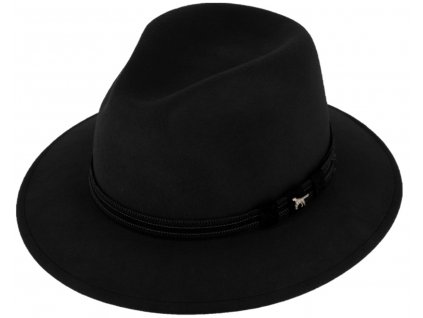 Zimní myslivecký klobouk od Fiebig - černý s koženou stuhou a ozdobou ve tvaru loveckého psa