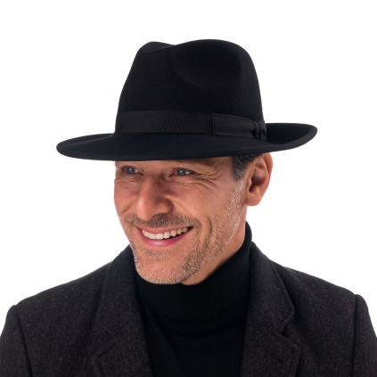 Černý klobouk fedora plstěný - černý s černou stuhou - Fiebig