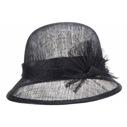 Cloche černý slavnostní klobouk s ozdobou - ze sisálové slámy