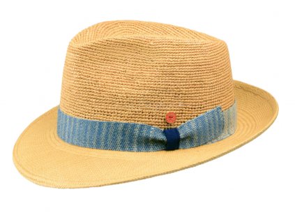 Luxusní  panamský klobouk Fedora Bogart s modrou stuhou - ručně pletený, UV faktor 80 -  Ekvádorská crochet panama - Mayser Manuel