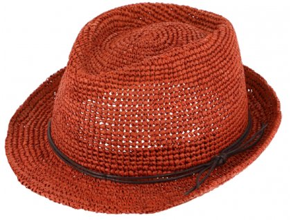 Trilby Raffia Crochet - slaměný skořicový klobouk s koženou stuhou