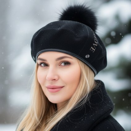 Dámský zimní černý baret ozdobený - Willi Alisat