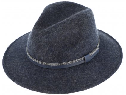 Zimní plstěný modrý klobouk Fedora - zdobený koženým páskem
