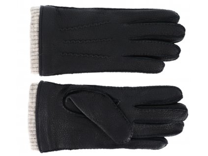 Pánské černé kožené rukavice z jelení kůže -  vlněná podšívka - Fiebig